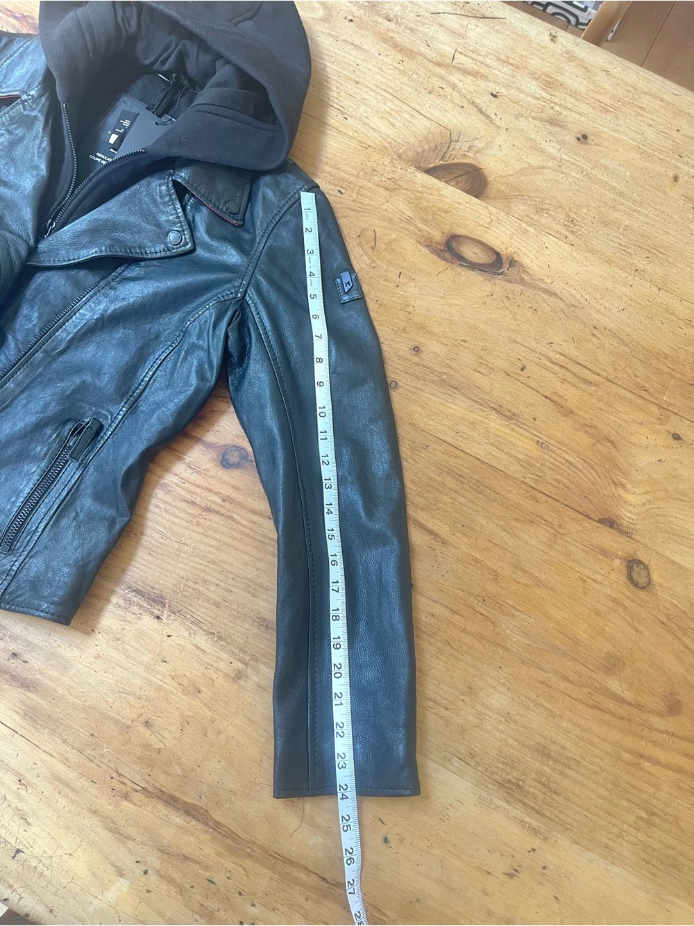 Mauritius Brand- Black Leather Zip-Front Jacket with Black Hooded Insert - Picture 6 of 9